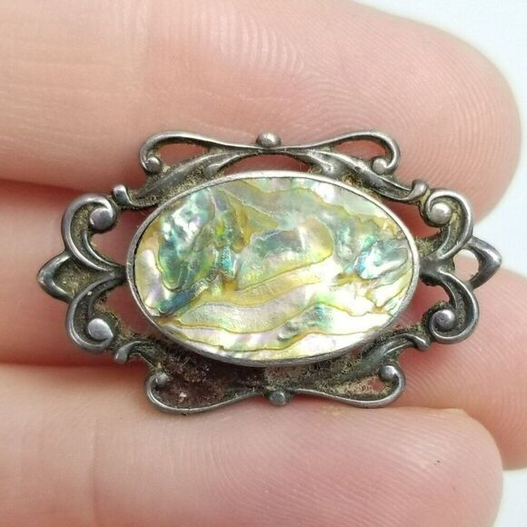 Antique Sterling Silver Mother of Pearl Victorian Oval Brooch Scroll Design - Picture 1 of 8